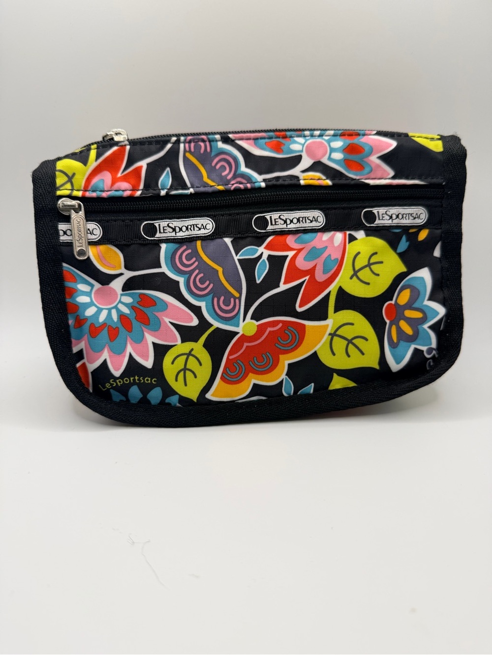 LeSportsac Black Floral Multi Zip Cosmetic Pouch